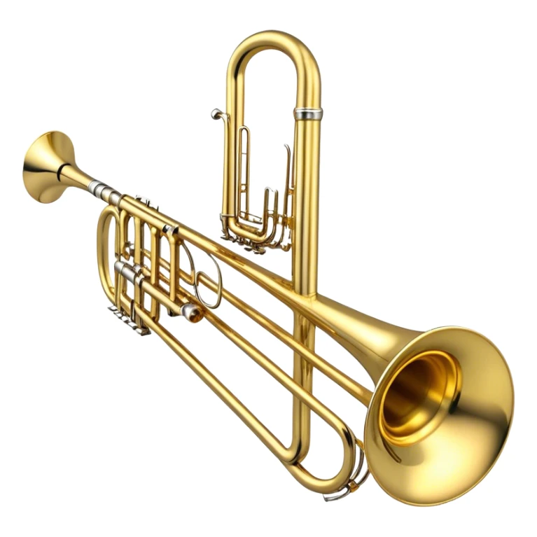 Create a sleek and professional emoji representing the Brahner TB-420 Bb/F tenor trombone. The design should feature the smooth, shiny brass body of the trombone with its distinct curved tubing and large bell. Highlight the tuning slide and the mouthpiece at the top of the instrument. The brass finish should be polished and reflective, with silver accents on the mouthpiece and tuning slide. Add subtle musical notes or soundwaves floating around the trombone to evoke its bold, brassy sound. Use golden and brass tones for the trombone with light reflections to emphasize its high-quality craftsmanship. The background should be transparent. sticker