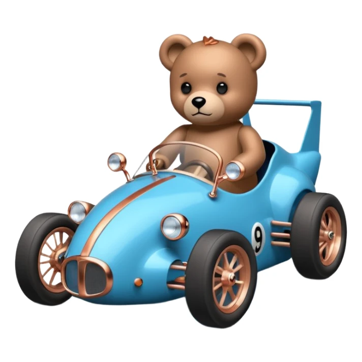 dar crystal blue and rosegold-accented  retro racing car driven by a small evil scary teddy bear with rear spoiler, safety cage, and wheely bar sticker