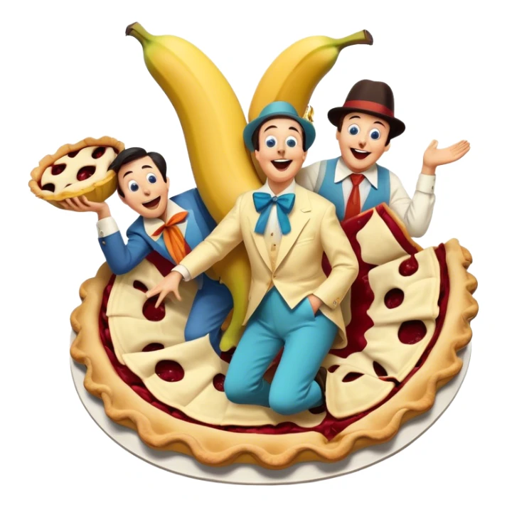 A vintage movie poster-style design featuring slapstick humor elements—funny characters in exaggerated poses, oversized props, and bright colors. Include elements like pies in faces, a falling banana peel, and cheerful expressions. Retro cinematic style. Transparent background. sticker