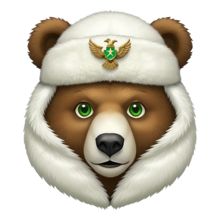Friendly brown bear face with bright green eyes in a white fur ushanka with centered double-headed eagle emblem, Russian styled sticker