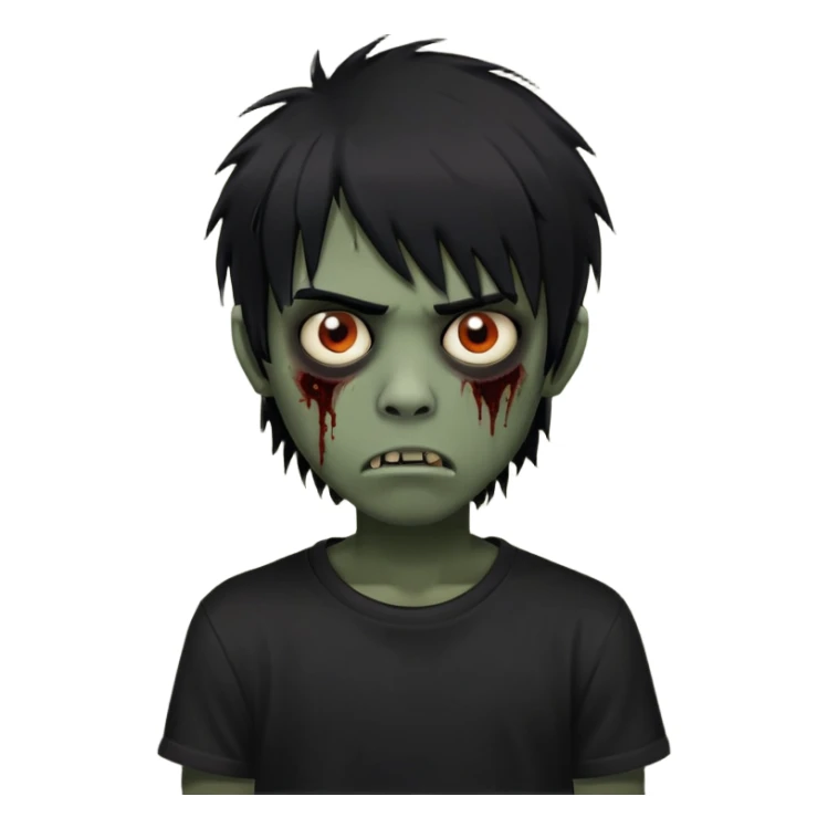Boy, zombie, black hair, medium long, emo, shaggy, dark, spooky, creepy expression, fringe approximately to the eyebrows height, with Black t-shirt  sticker