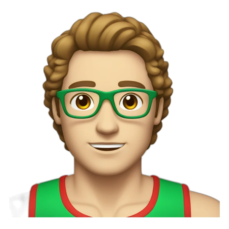 retro 70s red and green gym clothes for a modern white brunette uni male student with glass sticker