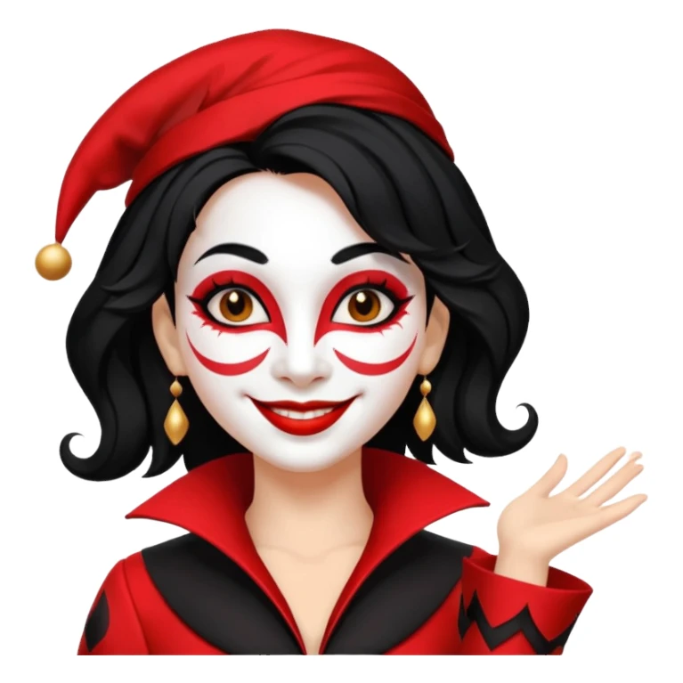 Jester woman, black and red suit, black hair, white and black make up sticker