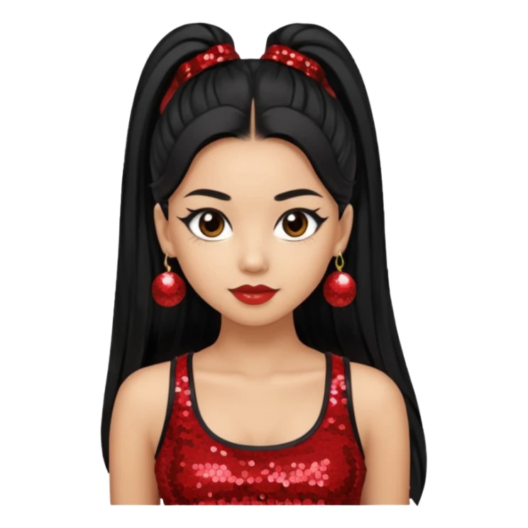 Jade from Bratz with long black ponytail hair, light skin, brown eyes, red sequin crop top sticker