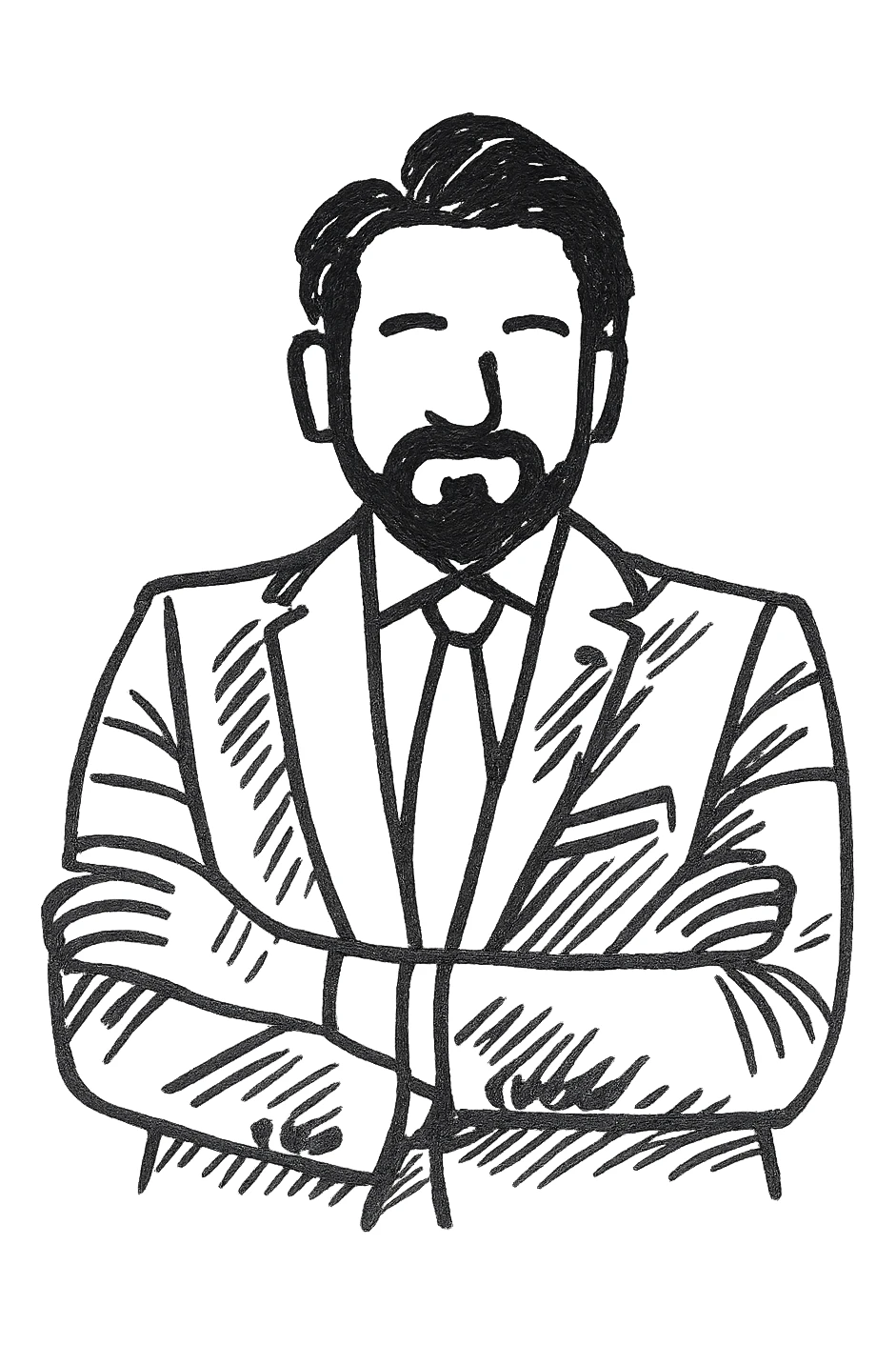 Turn this man in a suit and tie into a hand drawn black outline illustration, sketch style, with minimal details and white background. sticker
