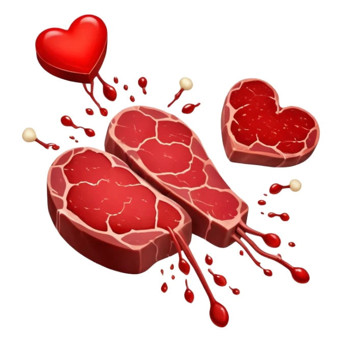 Ethereal red steaks, liver, and dark meat cuts floating alongside a glowing bone marrow. They transform into bright red blood cells that flow toward a heart at the center. The heart pulses with energy that radiates throughout a silhouette of a body, illustrating how heme iron creates vitality. sticker