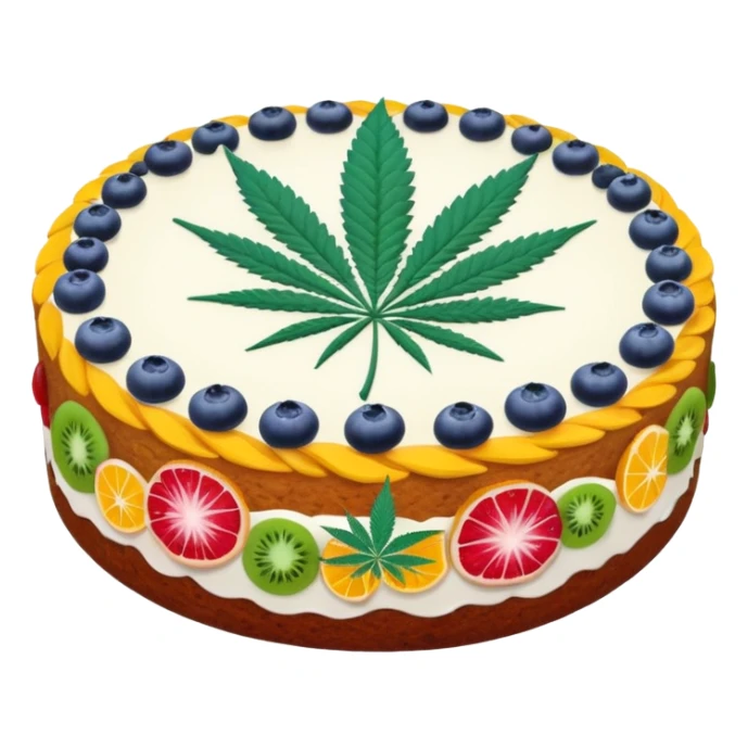 colorful frosted fruit cake with cannabis leaf sticker