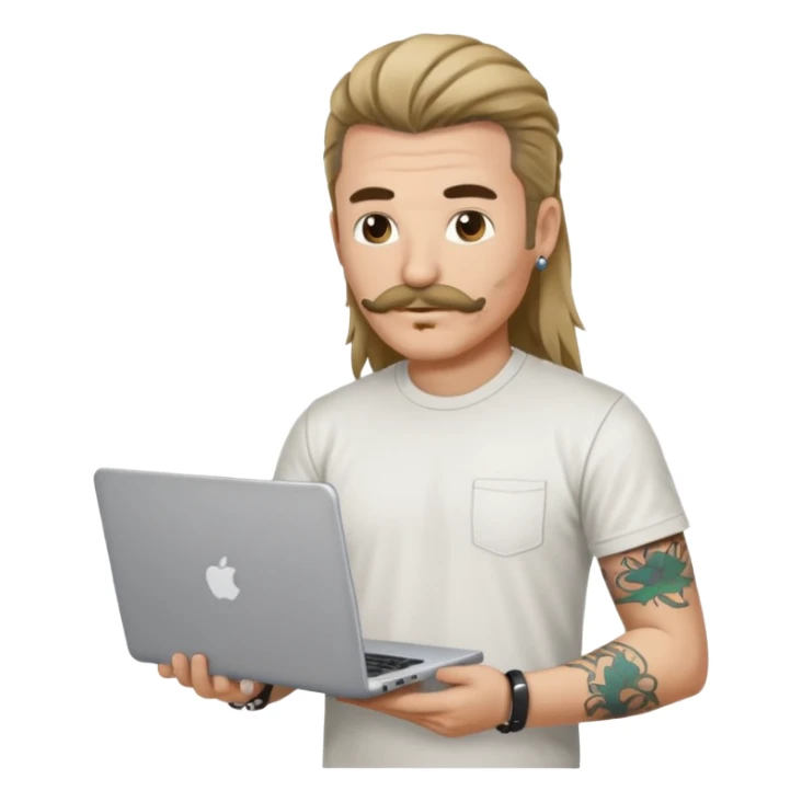 A DEVELOPER WITH A laptop, USING t-shirt, long hair,mullets style, mustache, tattoo, piercing sticker