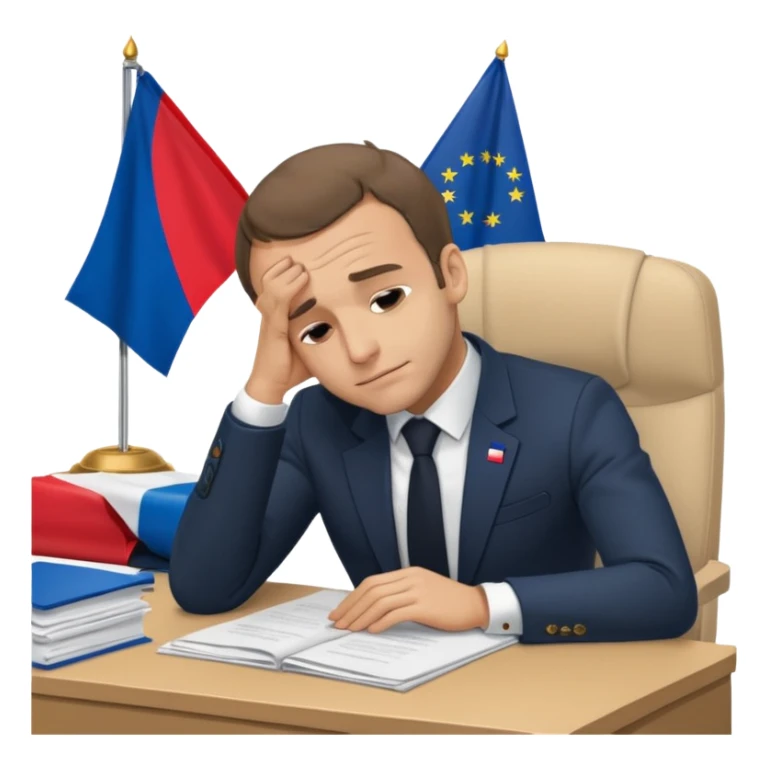 Macron dozing off at desk with papers, head resting on hand, subtle French flag detail, emoji style sticker