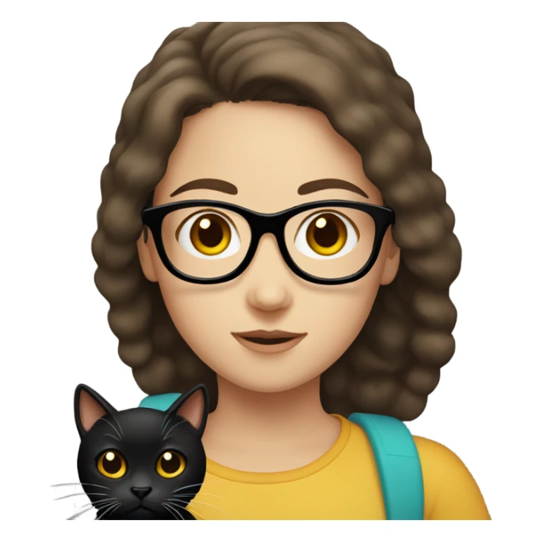 girl with brown hair and glasses holding a black cat sticker