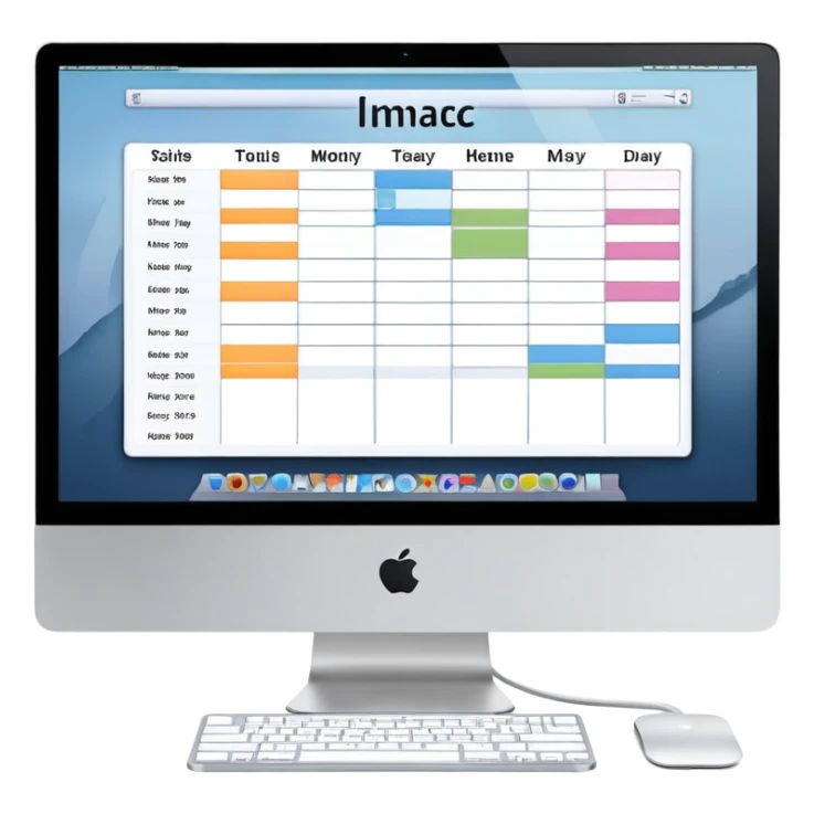 front-facing iMac showing a day schedule with vertical hours and horizontal client slots, several slots filled with color to indicate bookings sticker