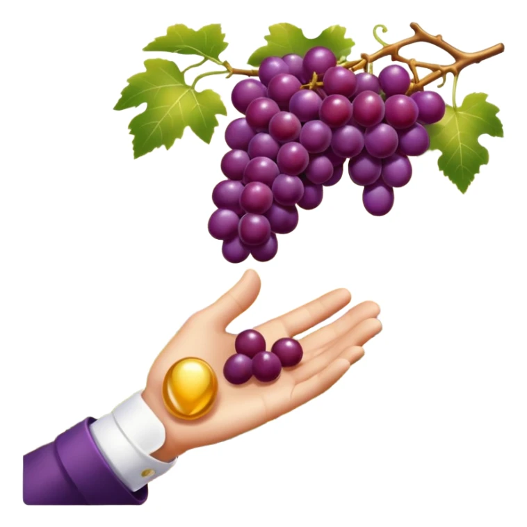 a single hand gently picking a perfectly ripe glossy purple grape from a vineyard under golden sunlight, luxury style, minimal shading, elegant emoji style sticker