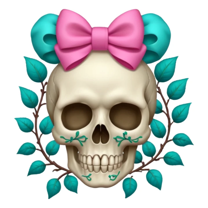 Skull with Pink bow with vines and teal roses sticker