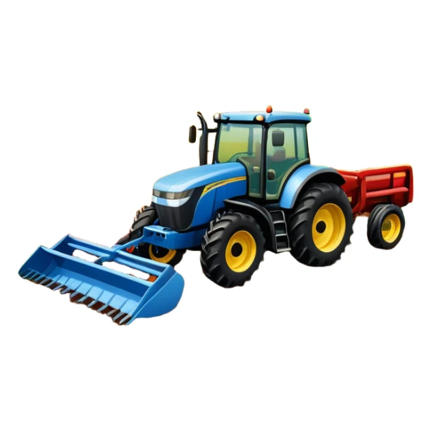 An icon representing a farming simulator, with a detailed tractor, plowing fields under a bright sky with a colorful rural landscape. The design includes farming tools, crops and barns, symbolizing the immersive experience of managing a farm. Transparent background. sticker