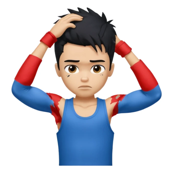 a PRETTY BRATZ boy with black messy hair, one hand on head. looking sad. lean biceps sticker