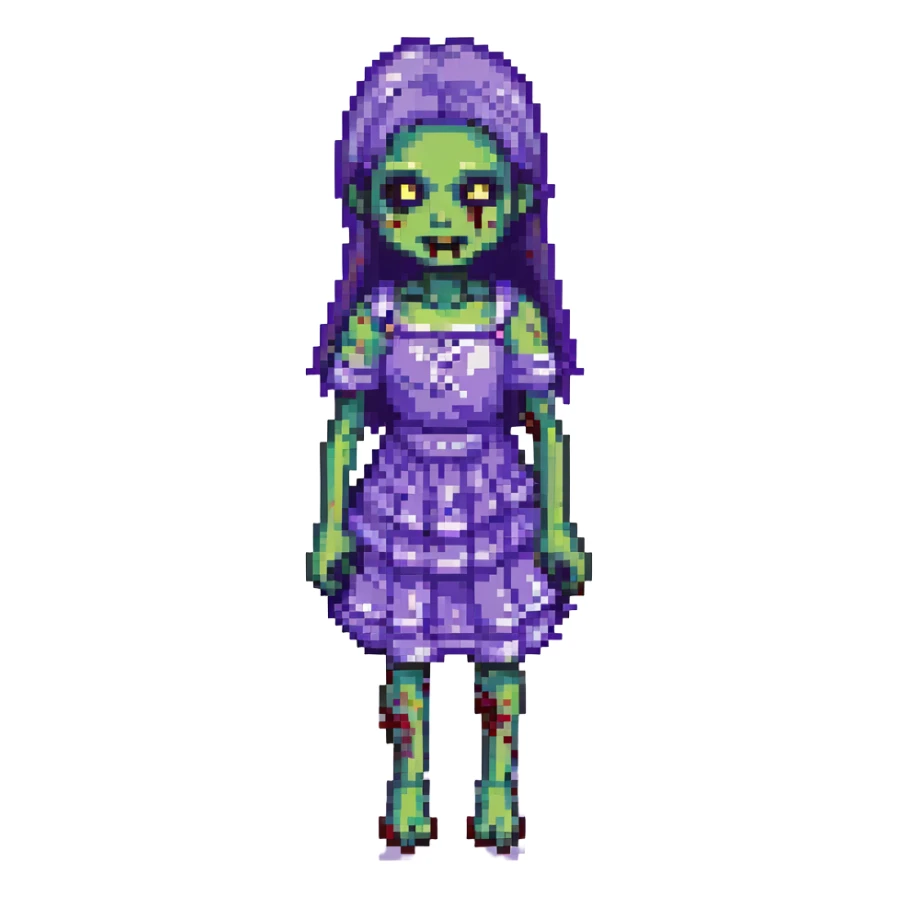 pixel art zombie girl, purple dress, missing arm, playful expression sticker