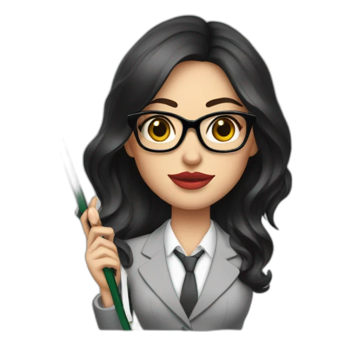 megan fox in a suit with big black thick border glasses holding a ruler sticker