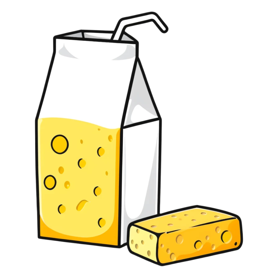 milk carton, cheese wheel, yogurt cup, and butter sticker
