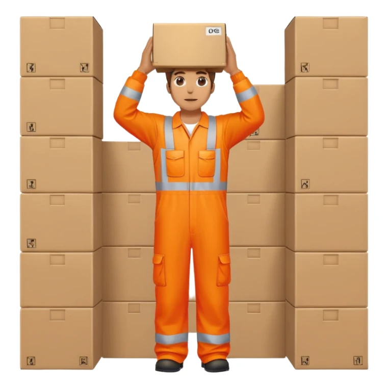 man standing, facing backwards, wearing orange hi visibility overalls, holding a box above his head sticker