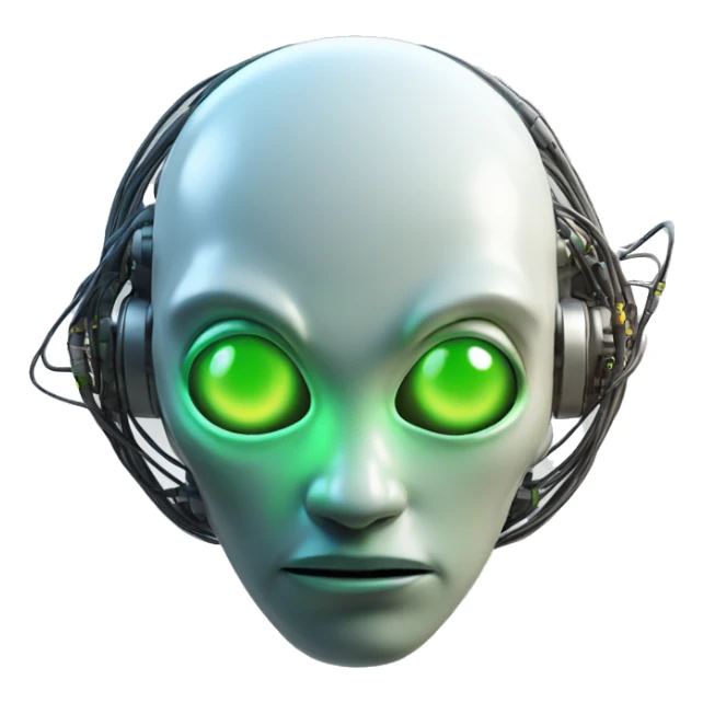 Round Alien cyborg head with glowing wires and green eyes  sticker