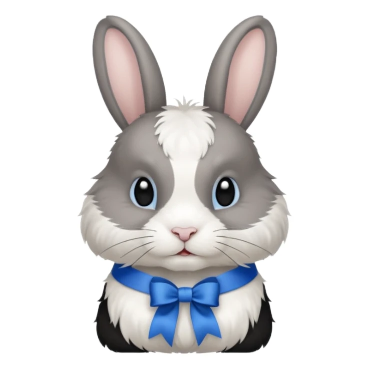 a white and black realistic domestic rabbit with a blue ribbon on its neck sticker