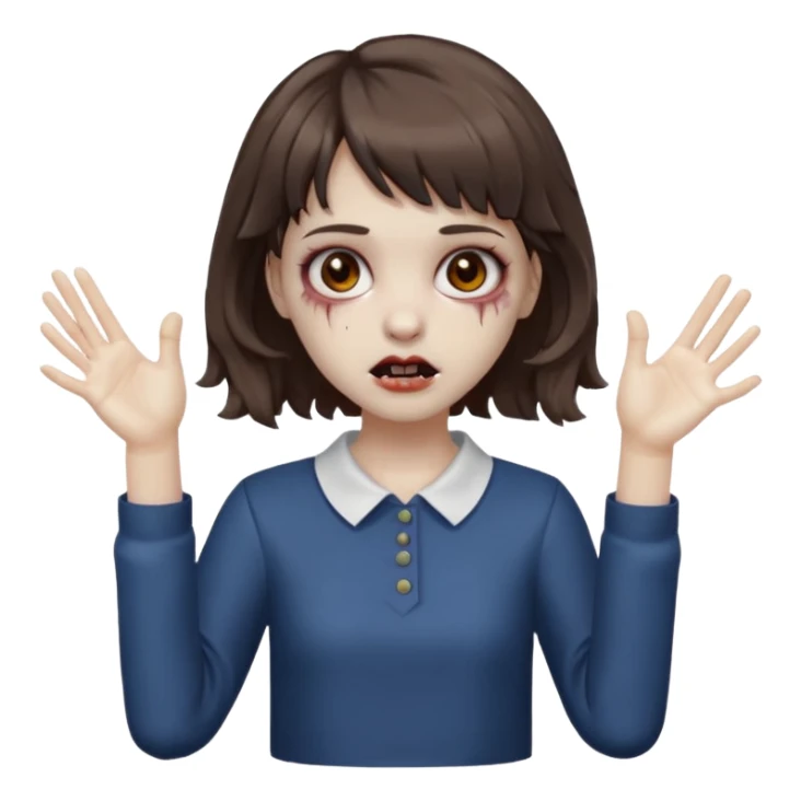 Cabelo ondulado  um pouco cheio e franja curta  Olhos marrons e pequenos e feita d ezumbi mais bonita com cabelo amarro na e com as mãos assim tipo assim🧟‍♀️ sticker