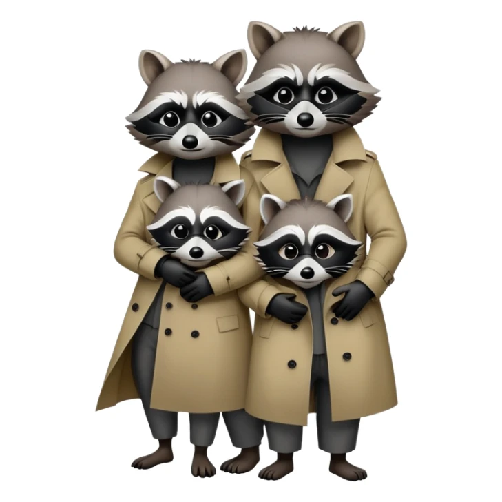 Three raccoons standing on top of eachother within one trench coat sticker