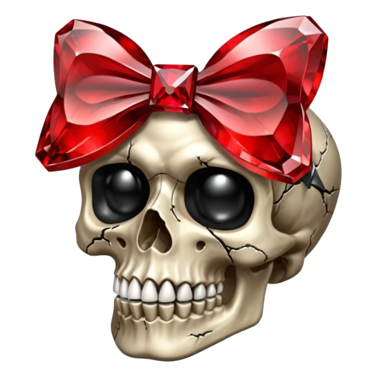 make me a red crystal skull partly see thew super gem like make it realistic and held together by a big black bow super realistic skull cracking all over the eyes are black gems with a hint of gold in the center sticker