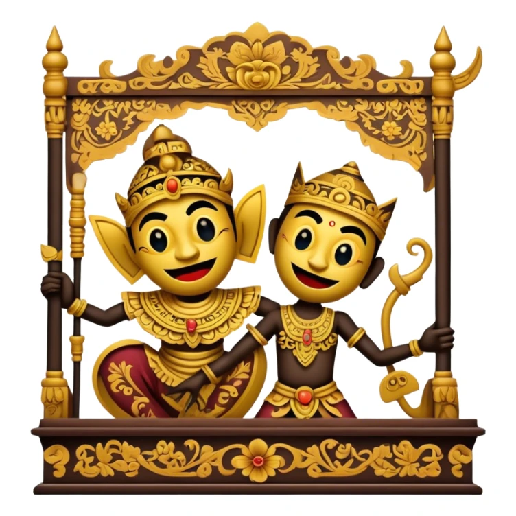 Cinematic Realistic Wayang Kulit Pop Culture Emoji, featuring a vibrant shadow-puppet theatre scene rendered with dynamic textures and artistic, traditional lighting. sticker