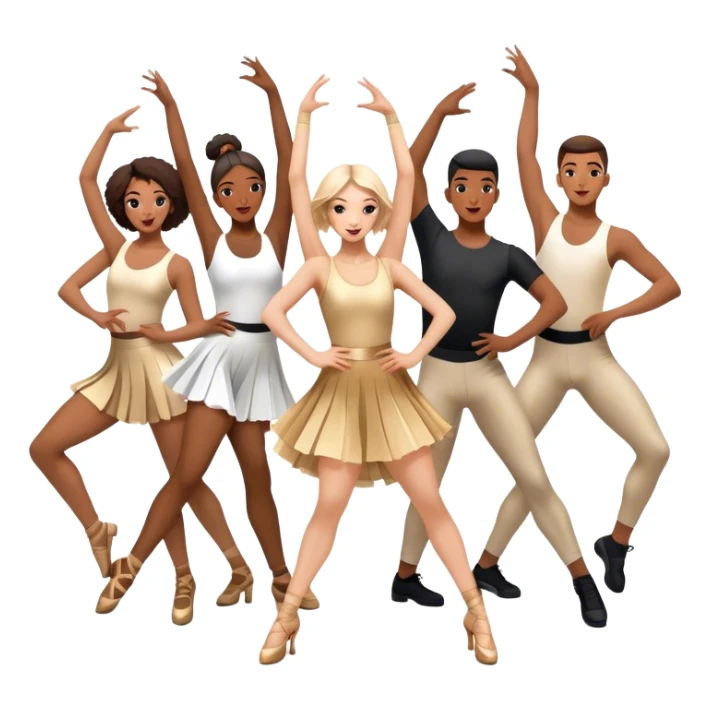 "Icon for Contemporary Dance: a synchronized guys and girls group performance on stage with backup dancers, bright stage lighting, and stylish dance outfits. The icon should capture the energy, precision, and excitement of a modern group dance performance. Transparent background. sticker