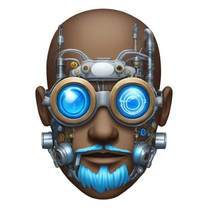 Brown shaved male cyborg head with blue beard, silver steampunk monocle goggles and circuits sticker
