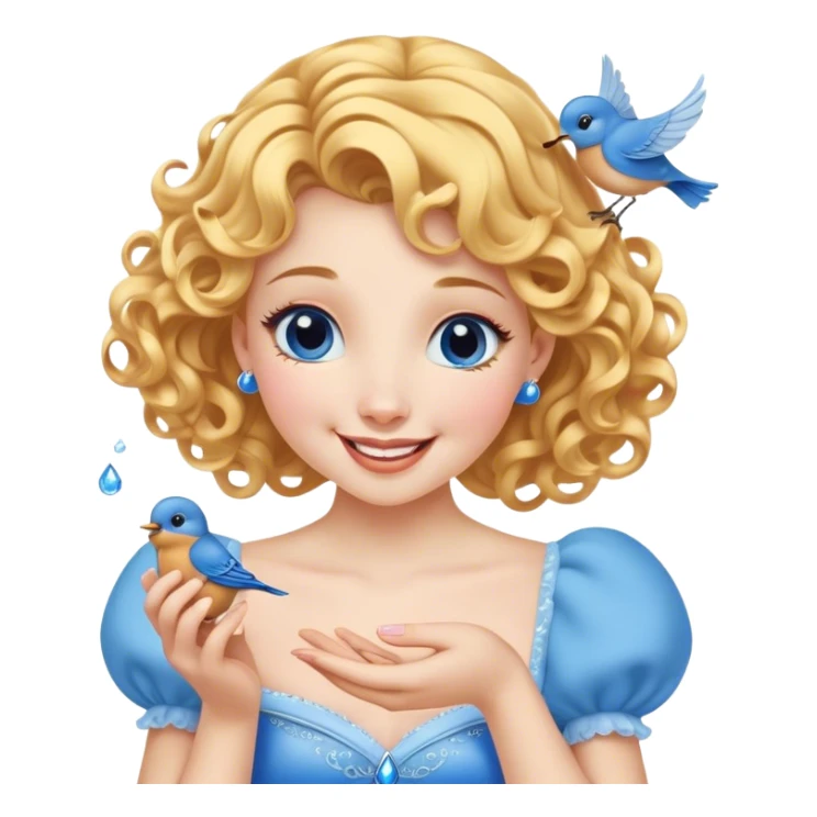 Cinematic Adorable Cinderella Portrait Emoji, Giggling softly while holding a tiny bluebird, golden curls bouncing, eyes sparkling with joy, wrapped in a soft golden glow, exuding warmth and charm, an irresistible blend of beauty and playfulness! sticker