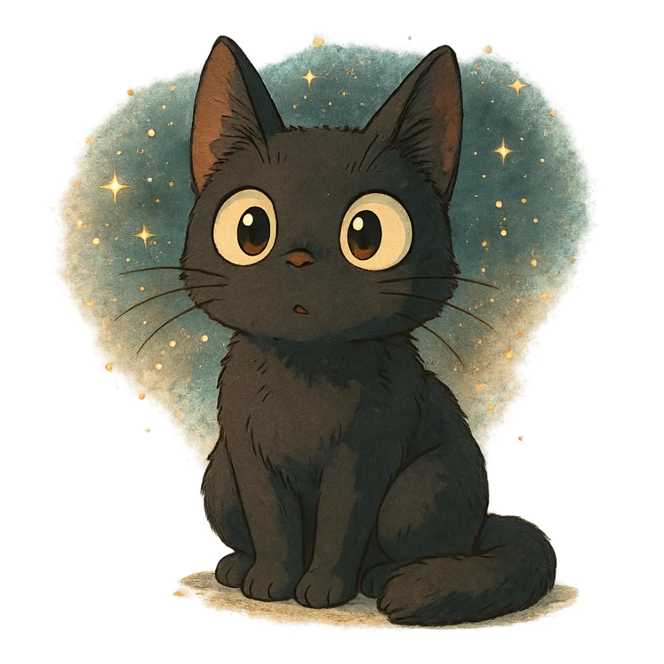 curious cat with big eyes and magical atmosphere in ghibli style sticker