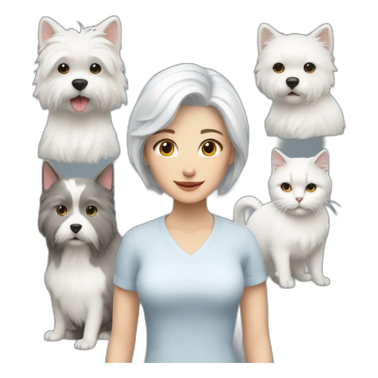 white haired woman with a grey and white cat and a white fluffy dog sticker