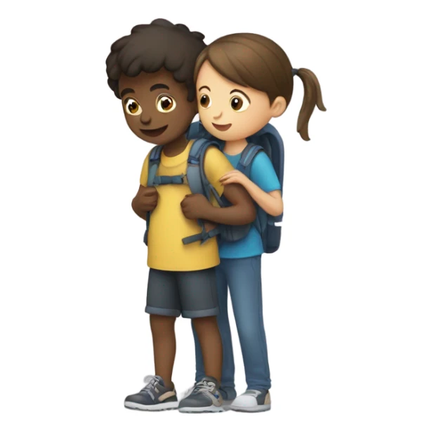 a girl taking off a tired boys backpack sticker