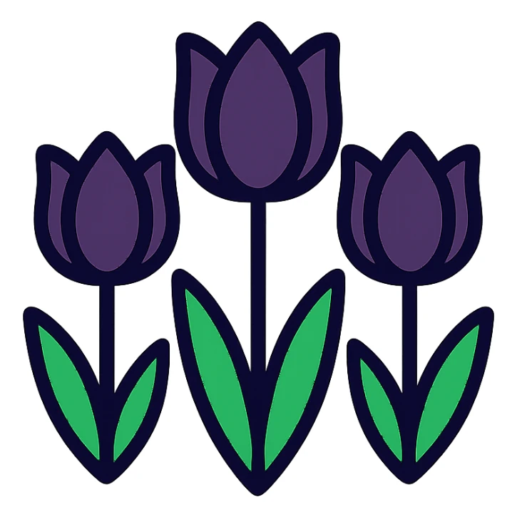 black tulips, color outline icon style, clean lines, colorful sticker