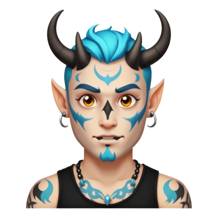 white skin Rock-style man — piercings, glowing tattoos on face, black horns sticker
