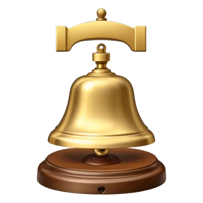 A hotel bell with a polished brass surface on a wooden base sticker