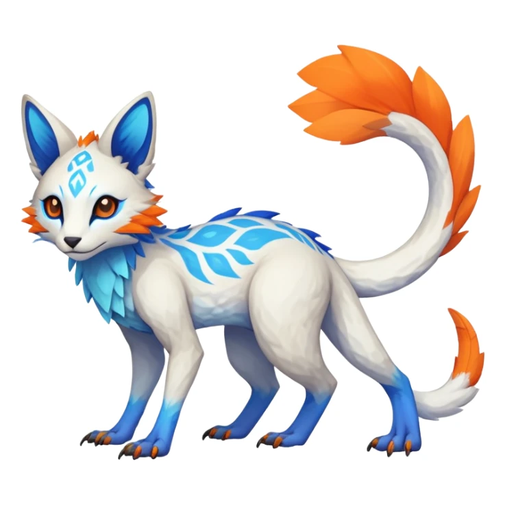 Rare realistic exotic white and neon-blue and neon-orange epic pretty beautiful handsome gorgeous aesthetic colorful vibrant Vernid-Trico-species-Fakemon-creature by LiLaiRa, 4 legs, 1 tail, random markings, (full body) sticker