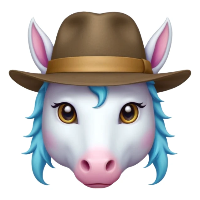 unicorn face cute wearing fedora, horn piercing through the hat looking in the camera sticker