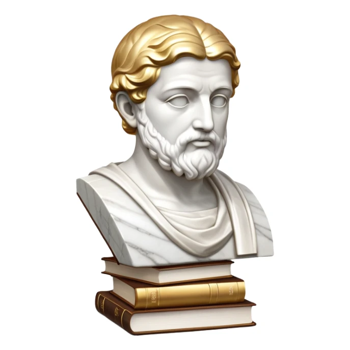 An icon featuring a classical bust, a book of philosophy, symbolizing the study of philosophy. The design includes an abstract symbol of thought and reasoning, representing deep intellectual inquiry and exploration of ideas. Transparent background sticker