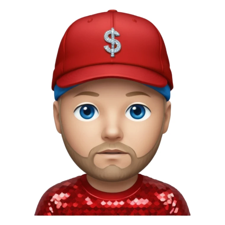 Fred Durst with blue eyes, dark blonde hair, red sequin shirt and cap sticker