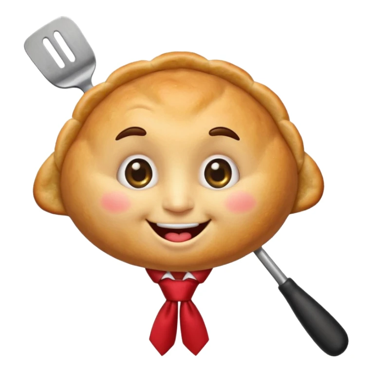 emoji style, happy fried empanada with face, big sparkling eyes, blushing cheeks, two buck teeth, red necktie, holding spatula, thick black outline, golden brown color, very cute and wholesome, transparent background sticker