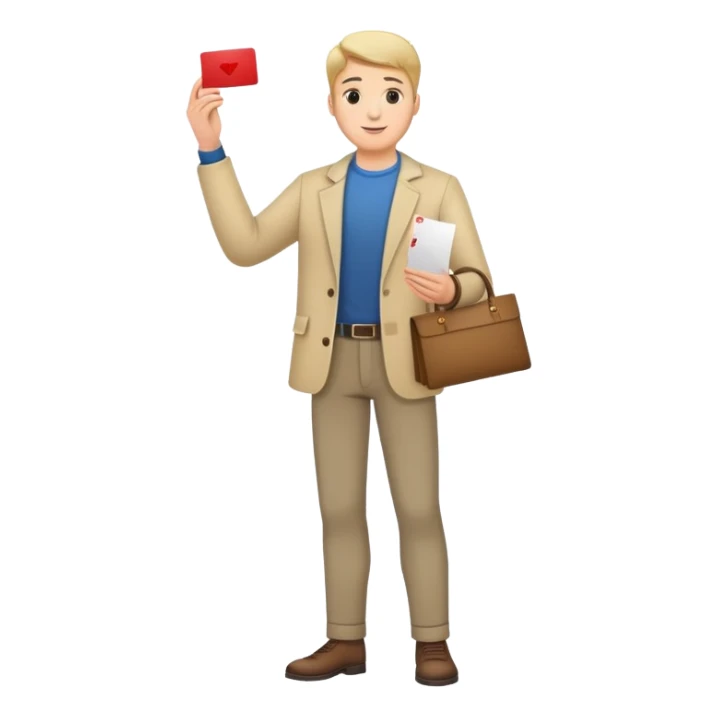 man full body, holding a card up in one hand sticker