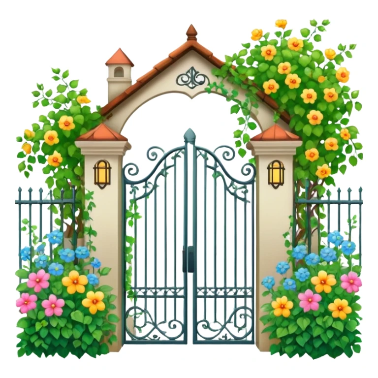 iron fence house entrance with vines, flowers and garden sticker