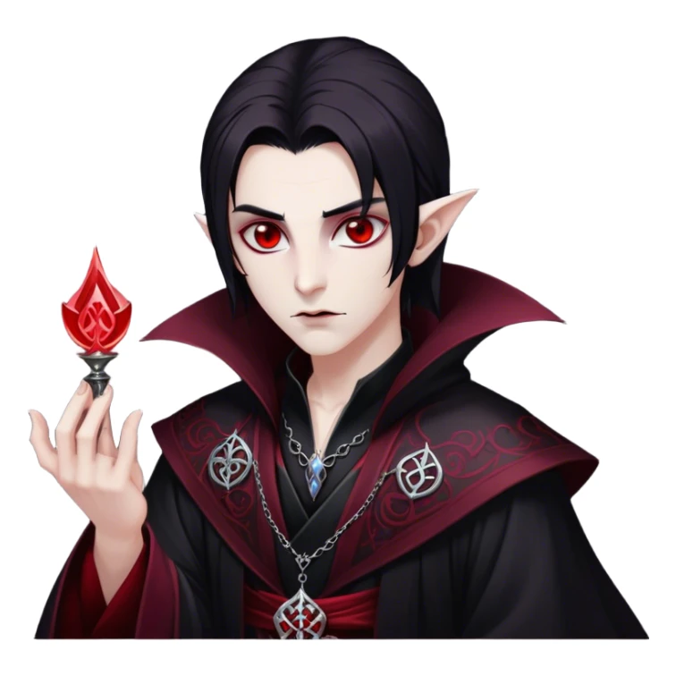 Cinematic Realistic WoW Vampire Mage Portrait, depicted with dark and mysterious elegance, wearing a flowing black robe intricately adorned with arcane silver filigree and esoteric runes. His pallid, almost ethereal skin contrasts with deep crimson, mesmerizing eyes, while his dark, slick hair falls in sleek strands. Rendered with lifelike texture and moody, dramatic lighting, high shine, noble and formidable, capturing the essence of a legendary vampire mage of Azeroth. sticker