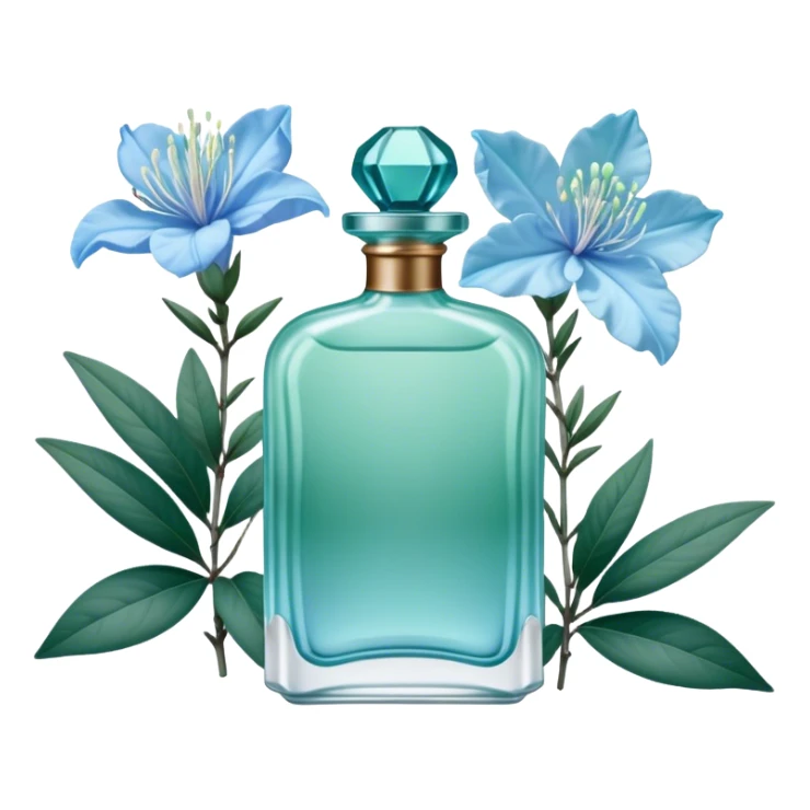 Aesthetic ensemble of soft blue azaleas alongside a charming vintage green perfume bottle.
 sticker