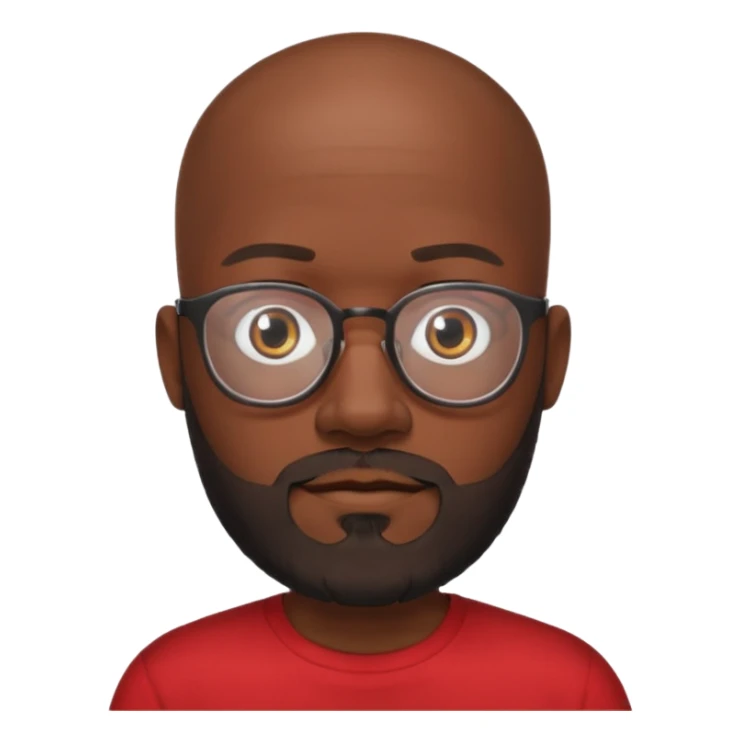 bearded black bald man with eyeglasses with red shirt sticker