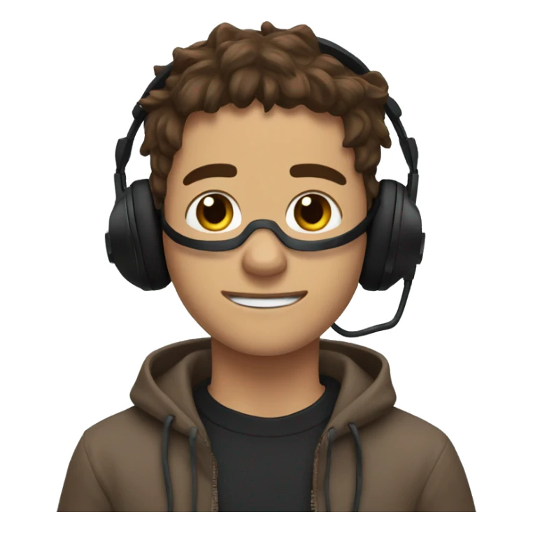 Messy brown hair black gaming headset and sweater with two thumbs upp sticker