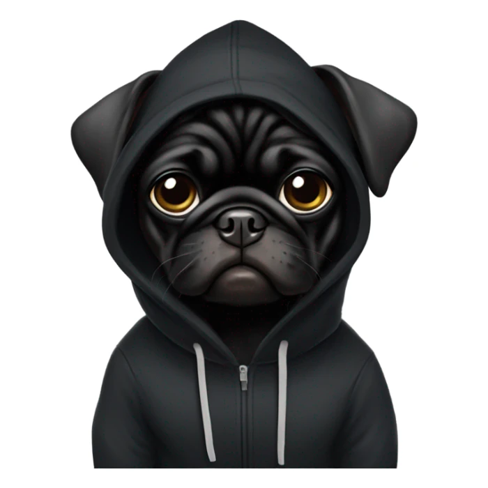 Black pug wearing a black hoodie sticker